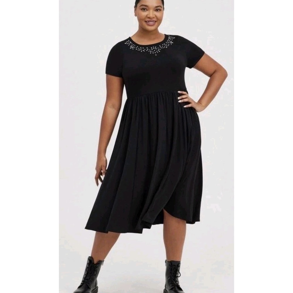 NWT Torrid Embellished Neck Skater Midi Dress Knit Black Sz 1X Whimsigoth Flowy